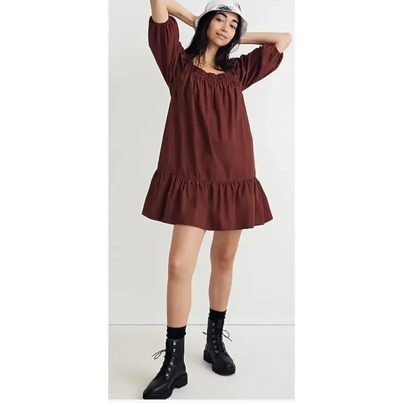 Madewell L Poplin Mini Dress Maroon Cotton Square Neck Boho Fall Prairie Comfy - Picture 1 of 14